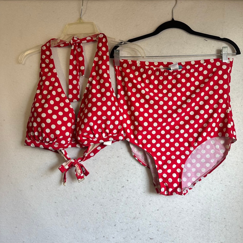 Swimsuits For All Red Polka Dot Halter Bikini Set High Waist Size 18 131046
